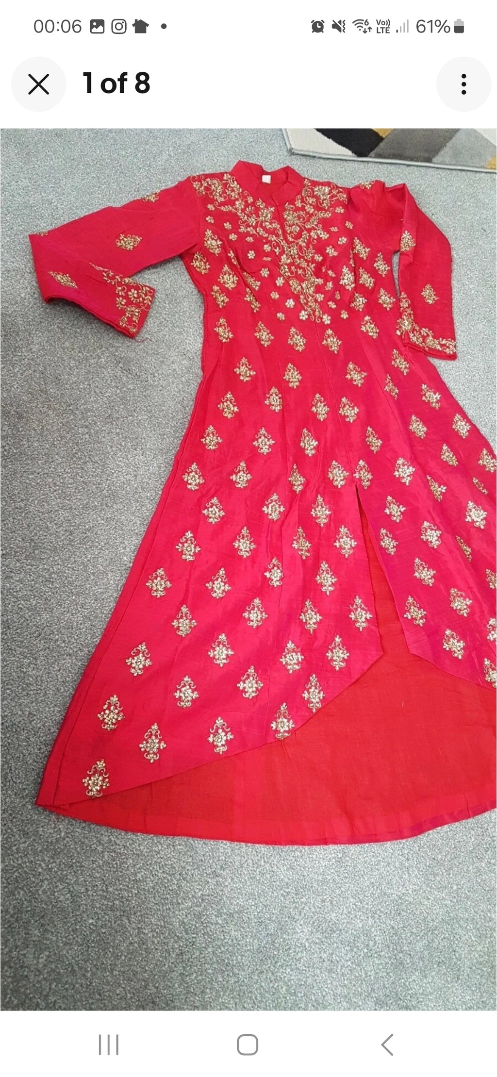 Red dip hem dress raw silk gold embroidery size small