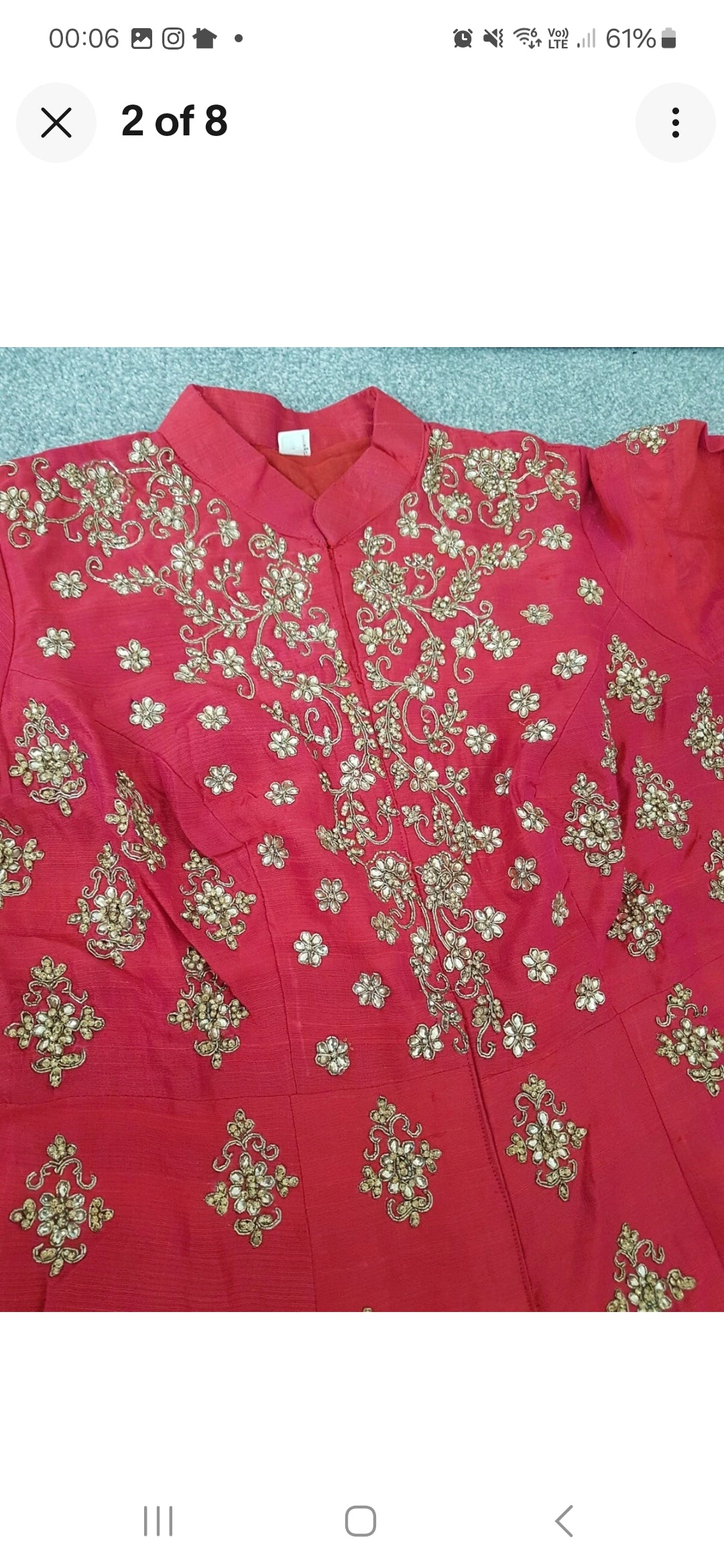 Red dip hem dress raw silk gold embroidery size small