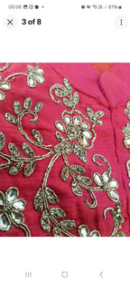 Red dip hem dress raw silk gold embroidery size small