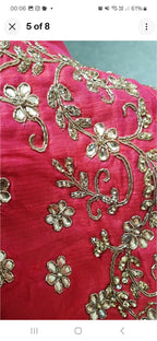 Red dip hem dress raw silk gold embroidery size small