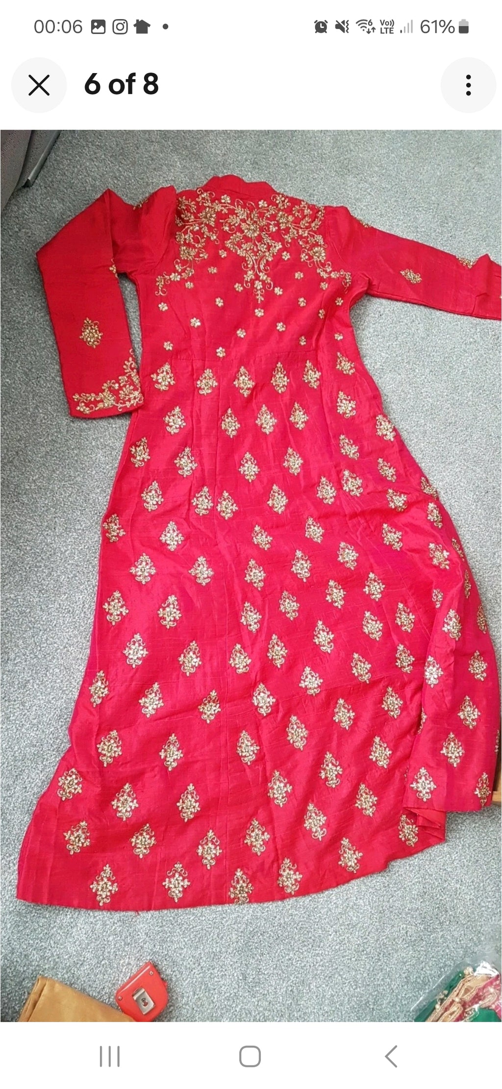 Red dip hem dress raw silk gold embroidery size small