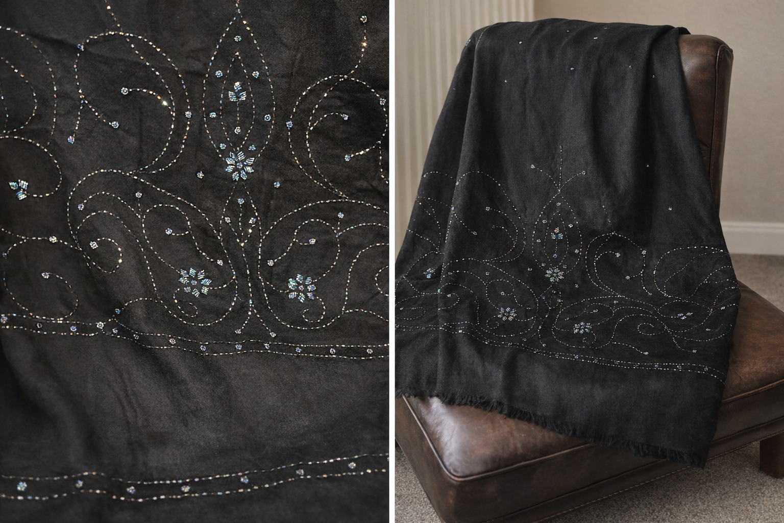 Black Wool Shawl with Hand Sequin Embellishment – Full Size