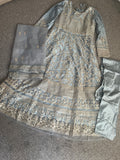 Grey Net Anarkali Embroidered Work Festival Long Salwar Suit with Dupatt