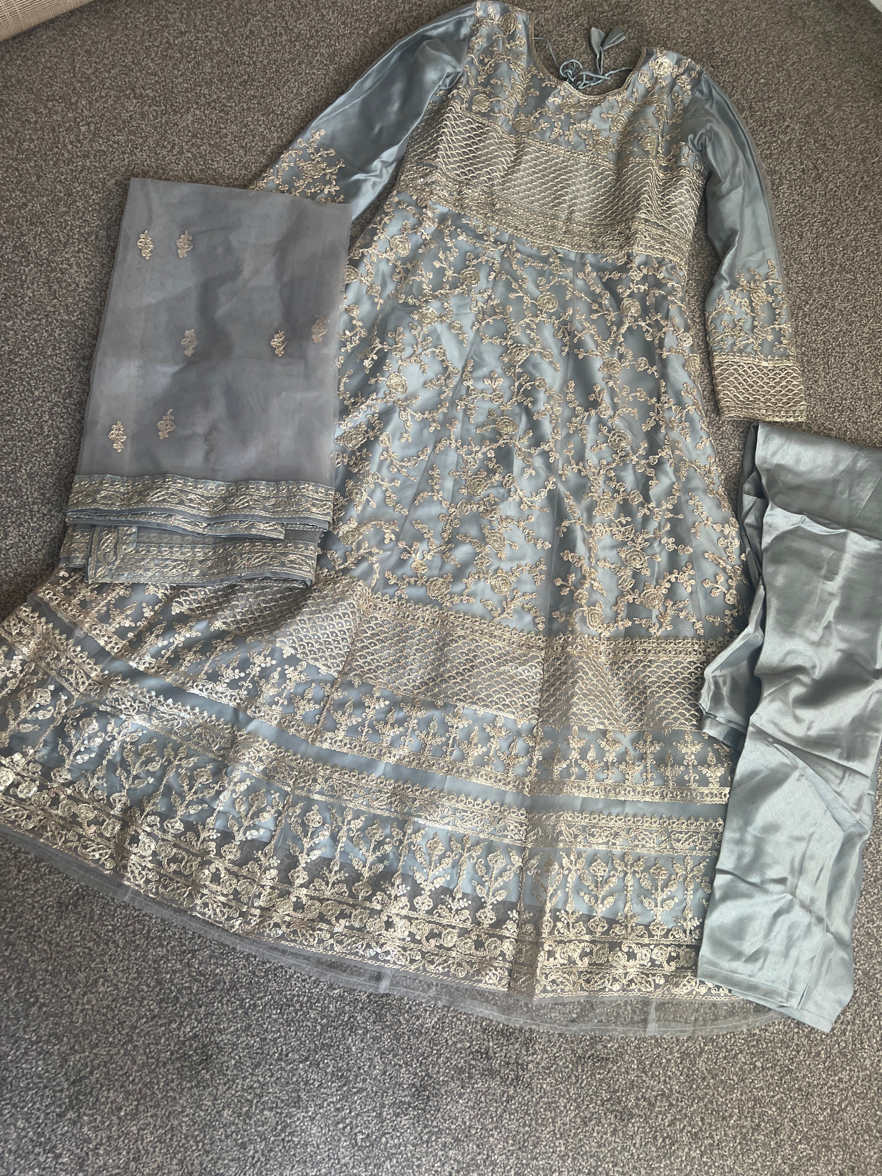 Grey Net Anarkali Embroidered Work Festival Long Salwar Suit with Dupatt