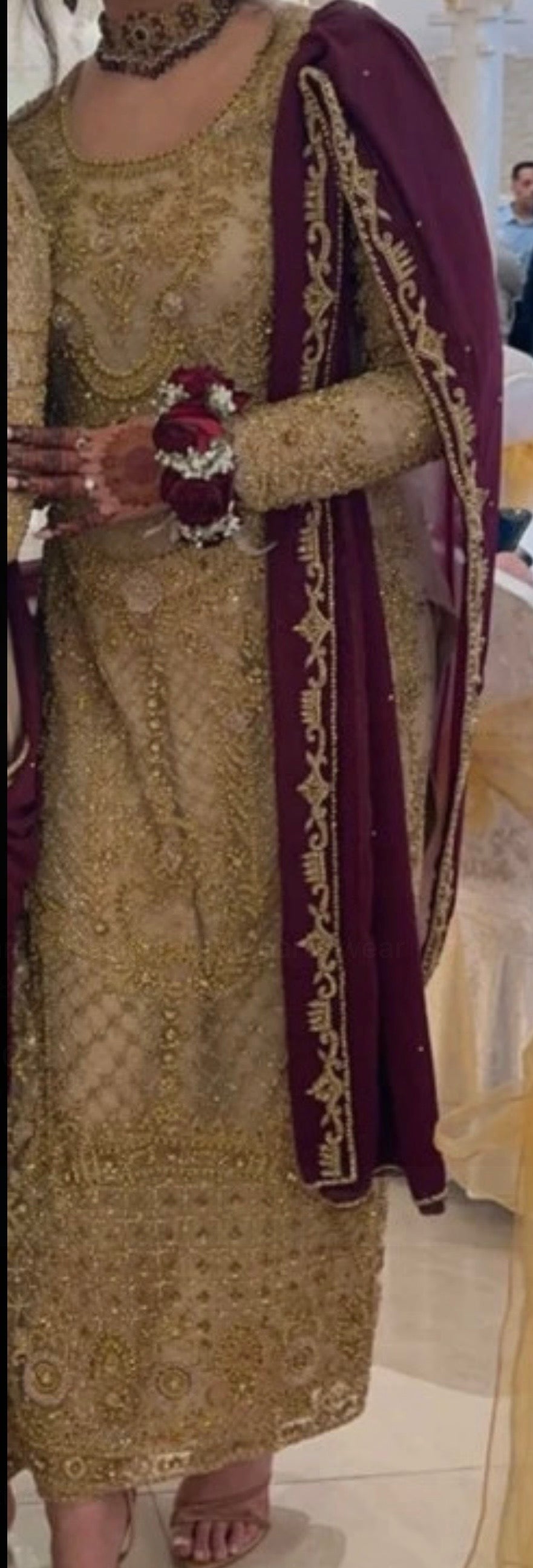 Gold heavy embroidered party wedding outfit