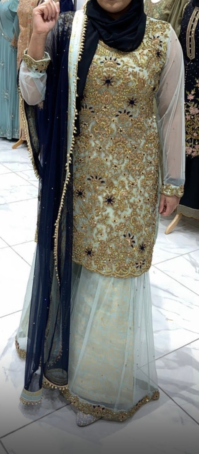 Elegant Mint & Navy Heavy Embroidered Formal Outfit