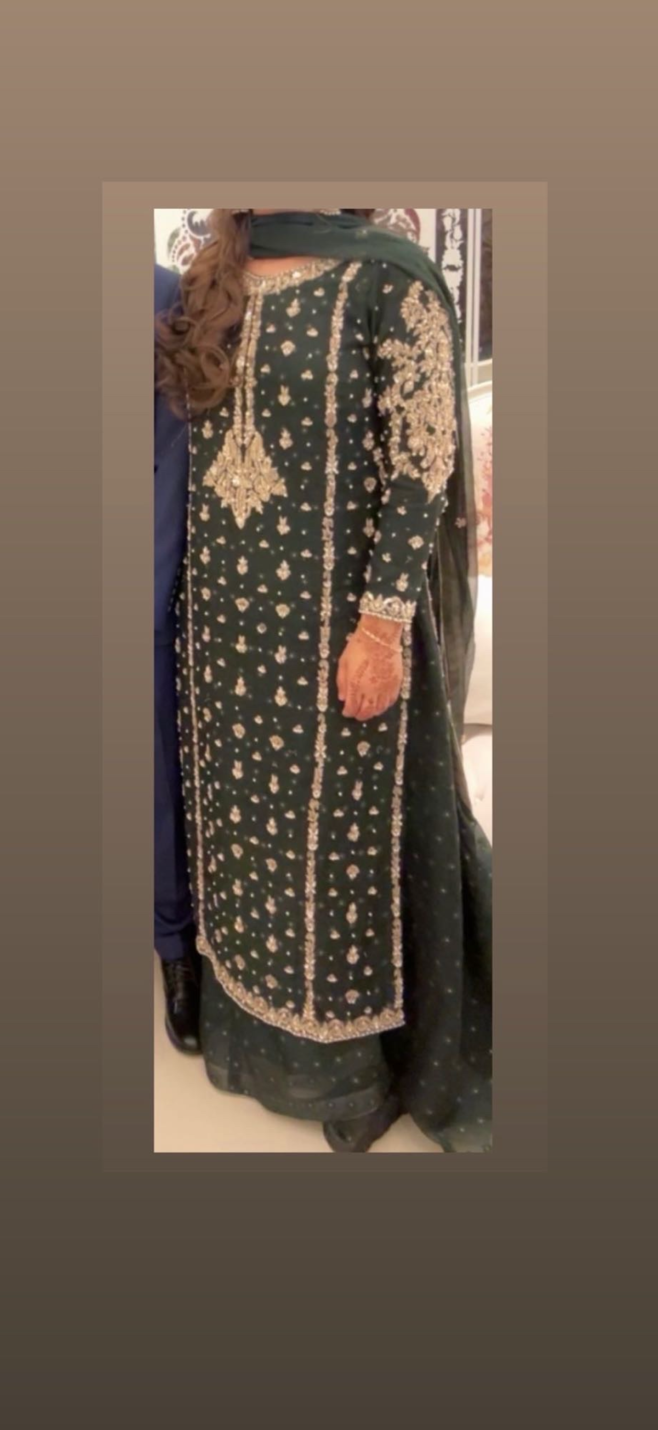 Asian wedding clothes. Long Kameez with sharara and chiffon scarf