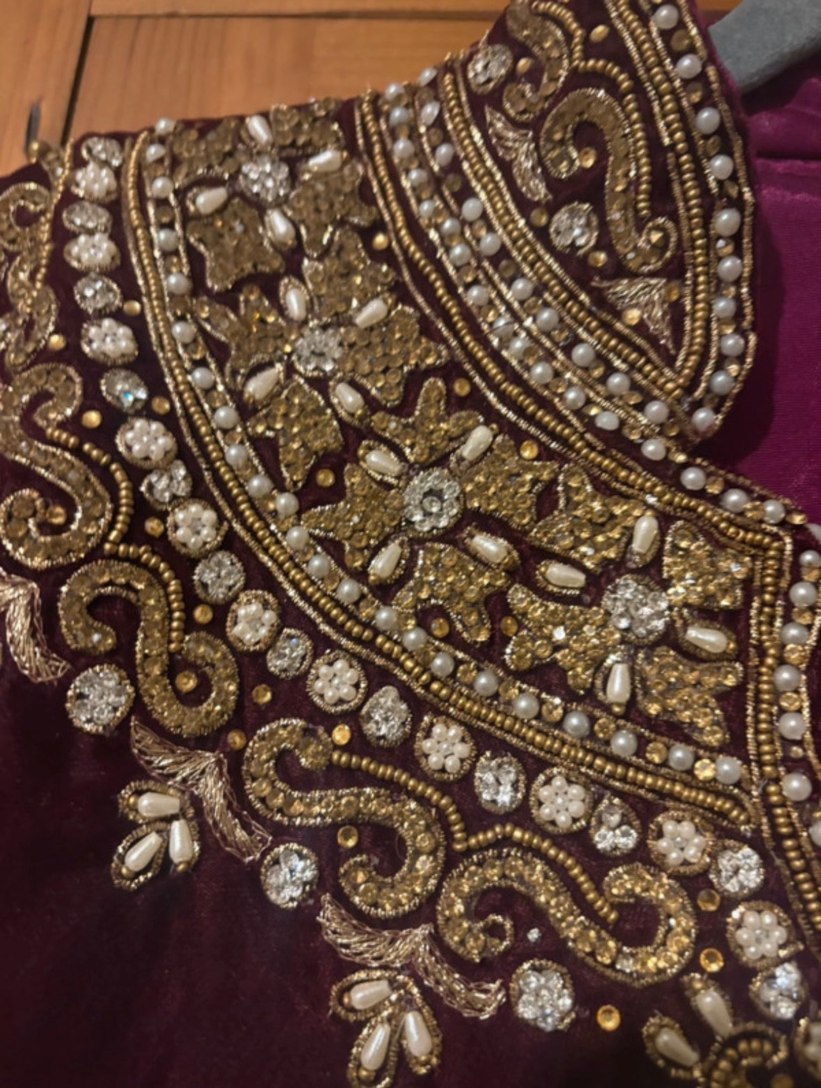 Vintage Hand-Embroidered Velvet & Banarsi Lehenga Set – Burgundy & Gold
