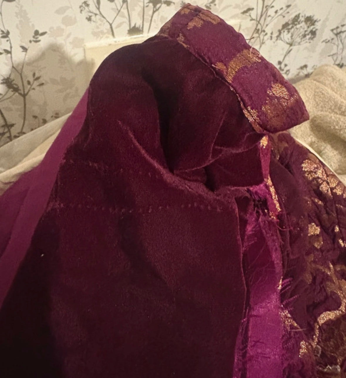 Vintage Hand-Embroidered Velvet & Banarsi Lehenga Set – Burgundy & Gold