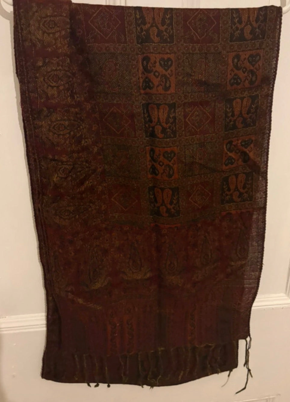 Vintage Wool Broshia Shawl Scarf Extra Long Earth Tone Artisan Woven