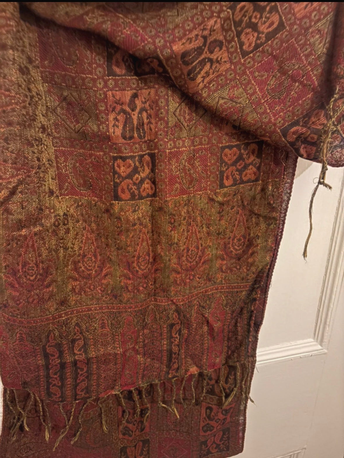 Vintage Wool Broshia Shawl Scarf Extra Long Earth Tone Artisan Woven