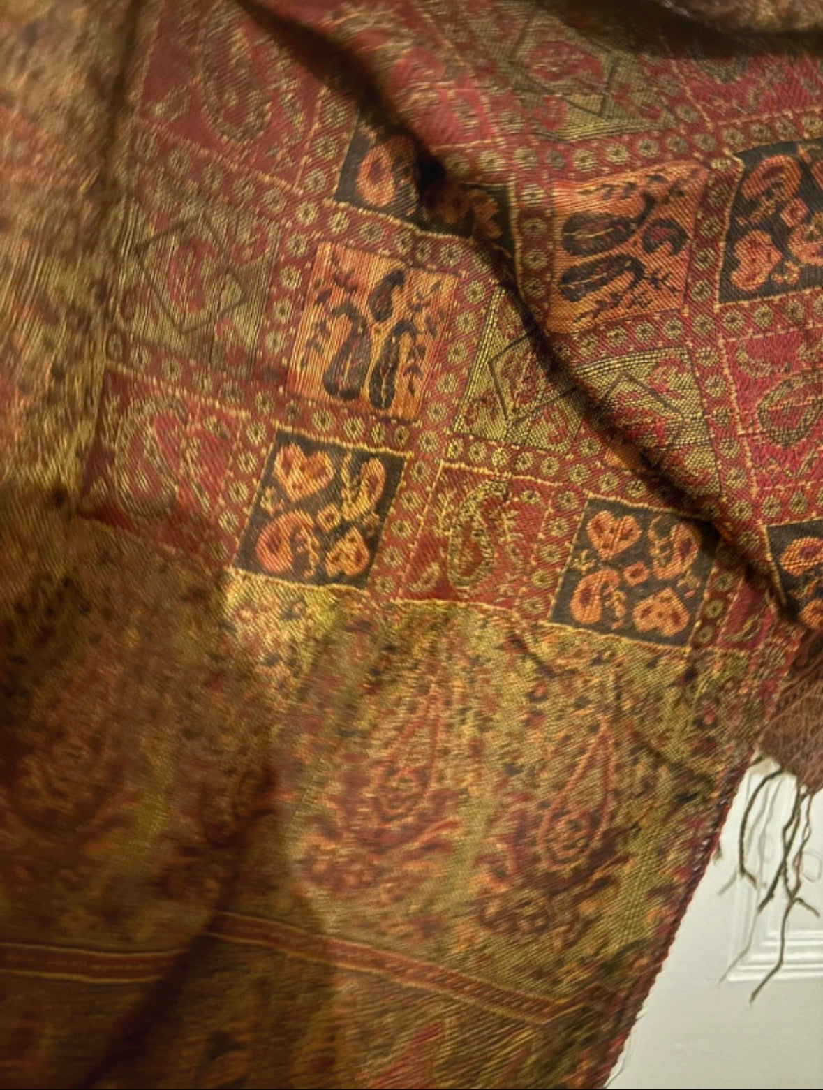 Vintage Wool Broshia Shawl Scarf Extra Long Earth Tone Artisan Woven