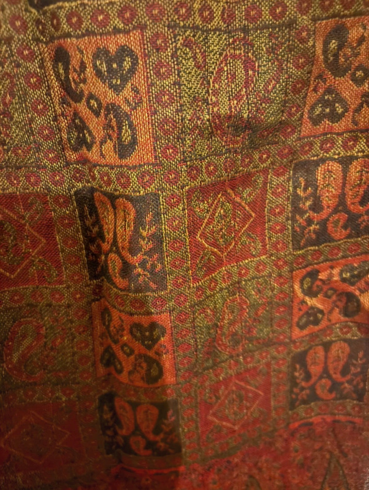 Vintage Wool Broshia Shawl Scarf Extra Long Earth Tone Artisan Woven