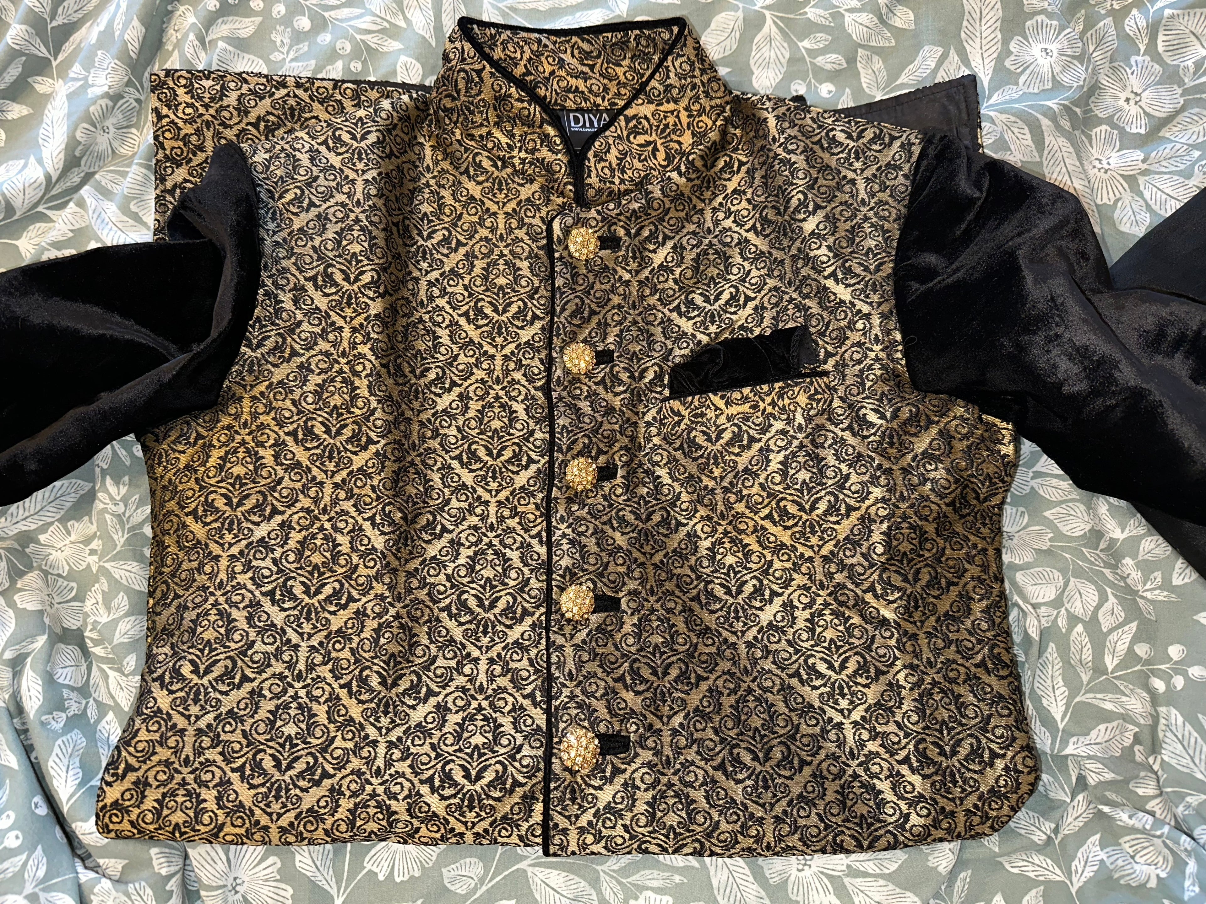 Men’s Regal Gold Brocade & Velvet Sherwani Set - 2 Piece