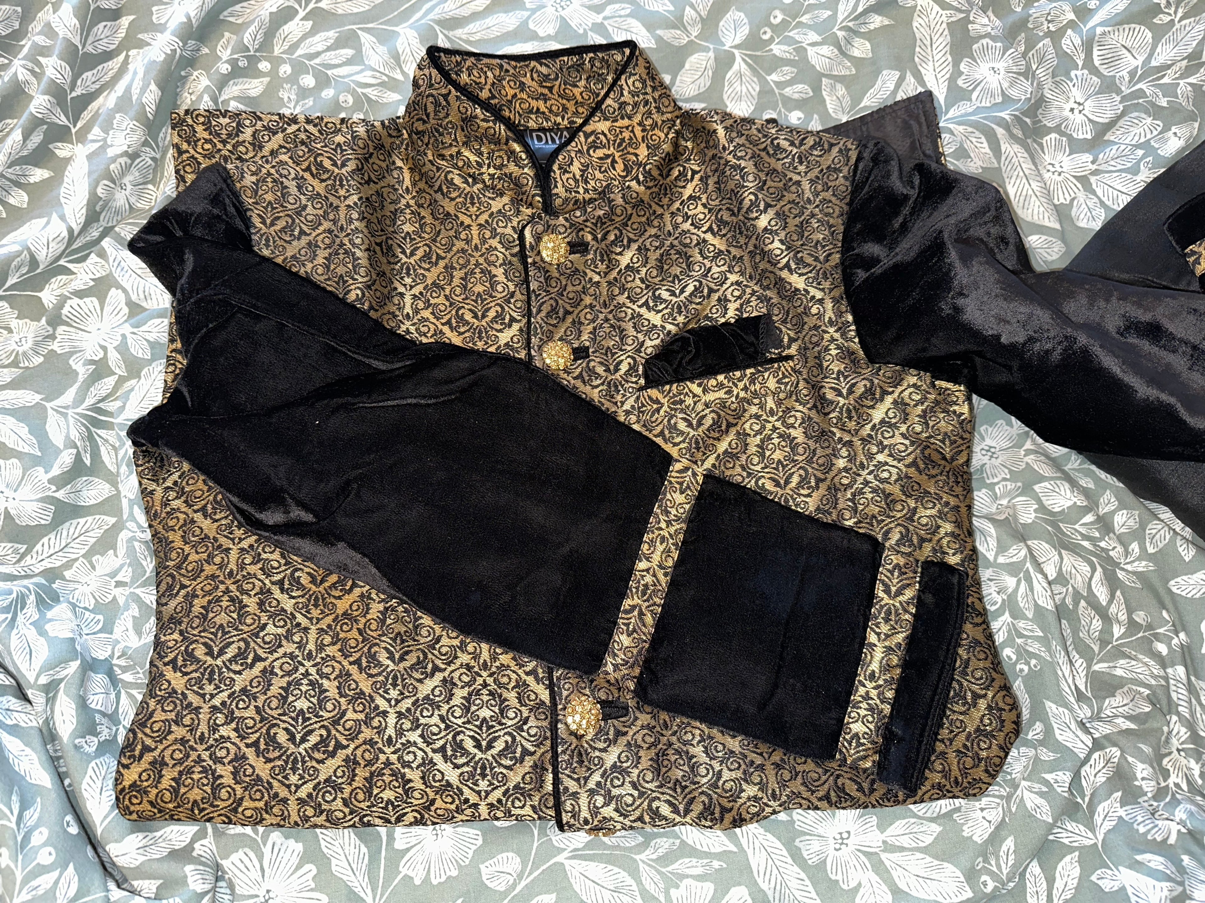 Men’s Regal Gold Brocade & Velvet Sherwani Set - 2 Piece