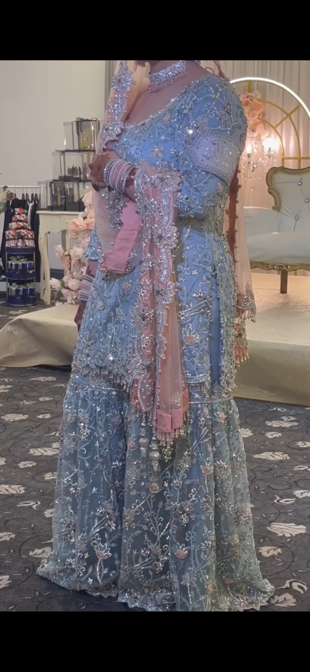 Peach and blue gharara outfit